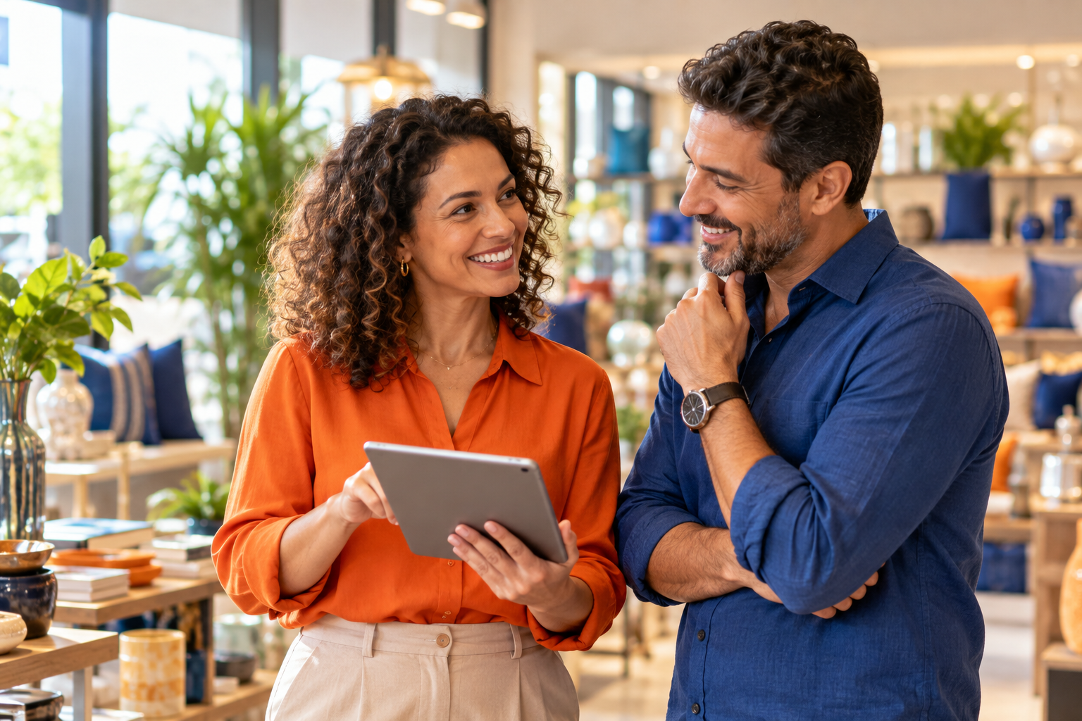 Vendedora apresenta uma proposta no tablet em conversa com um cliente.
